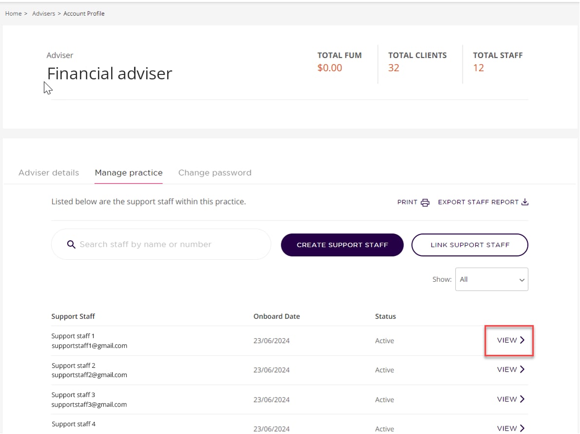 Viewing support staff in the Adviser Portal