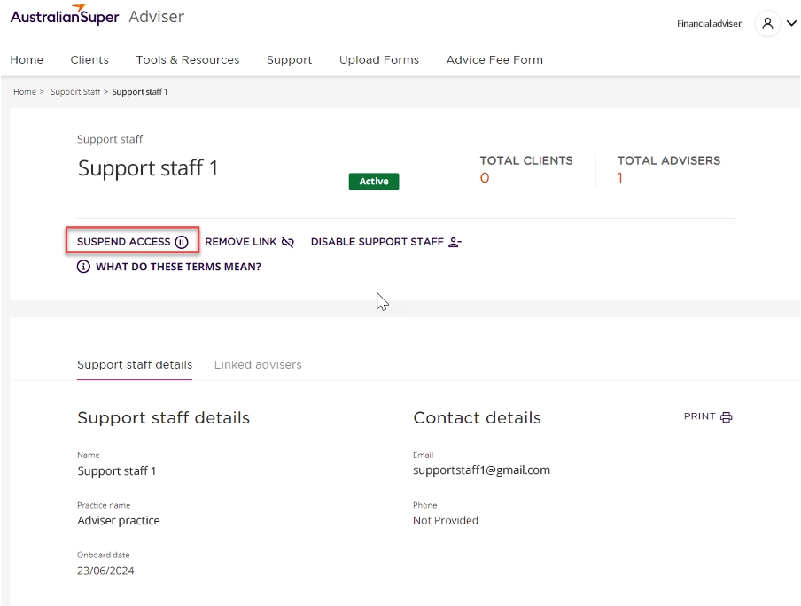 Suspending access in the Adviser Portal