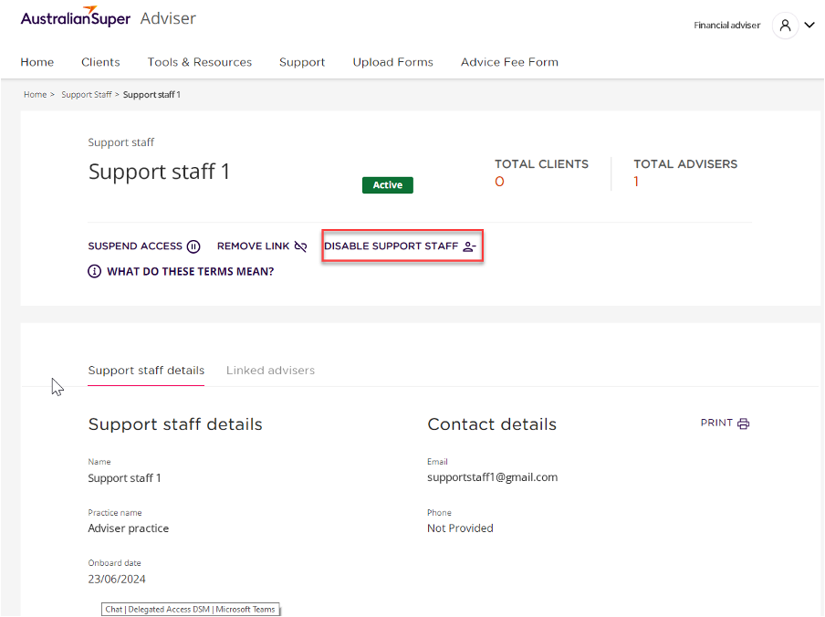 Disabling access in the Adviser Portal