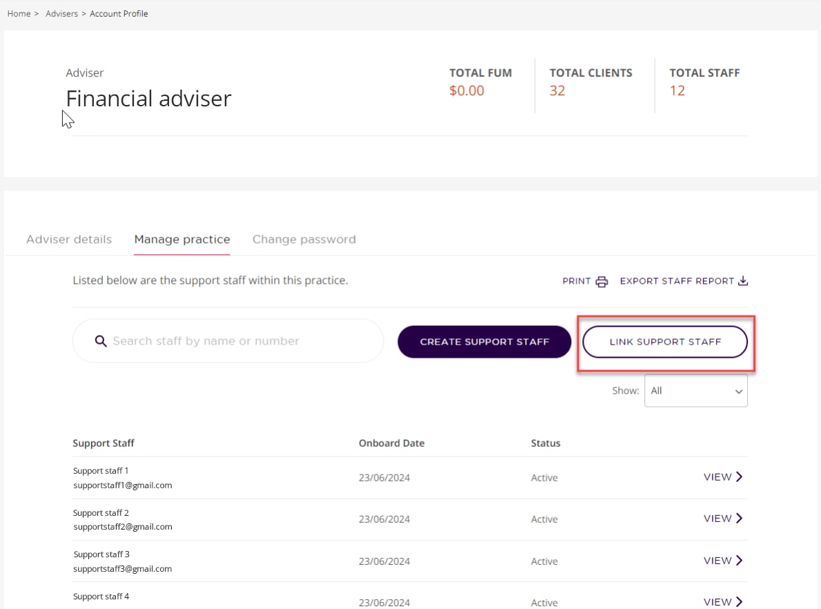 Linking support staff in the Adviser Portal