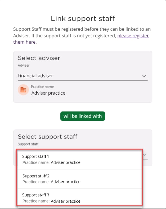 Selecting and linking support staff in the Adviser Portal