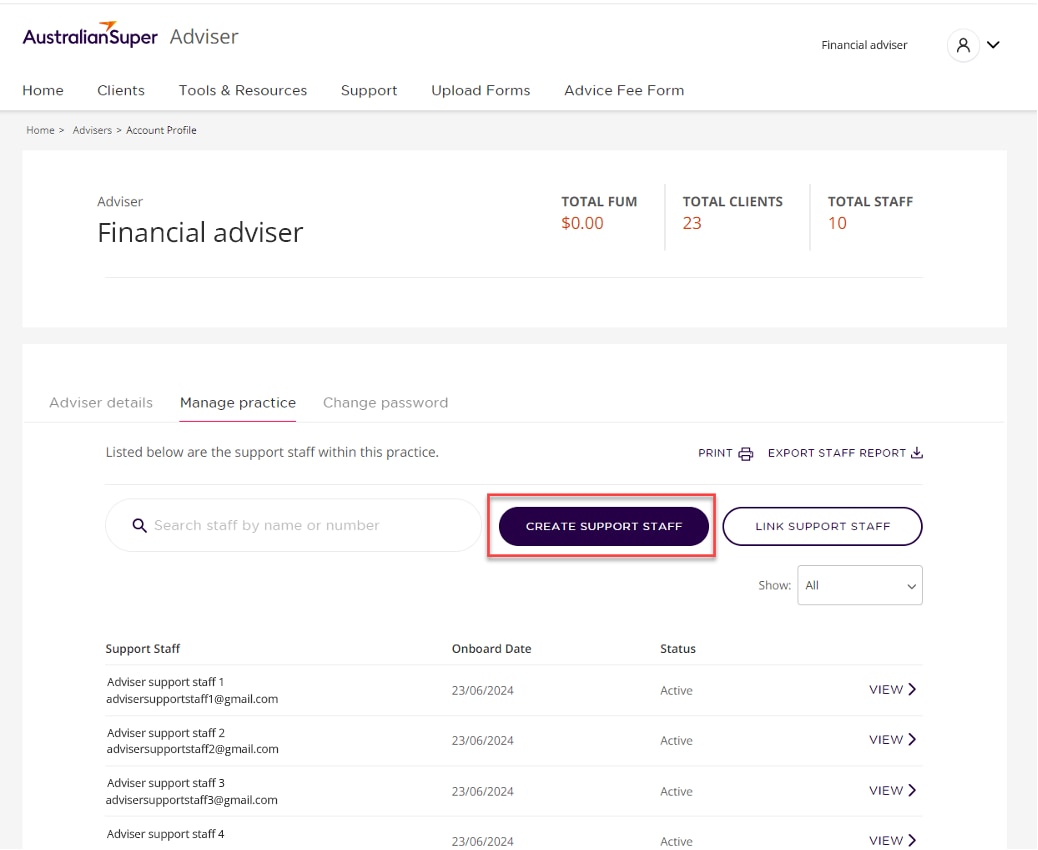 Creating support staff in the Adviser Portal